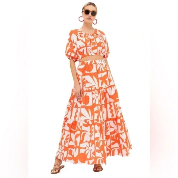 Oliphant Puff Crop Top Orange Twiggy Women’s Smocked Waist Blouse‎ Size S - Picture 1 of 7
